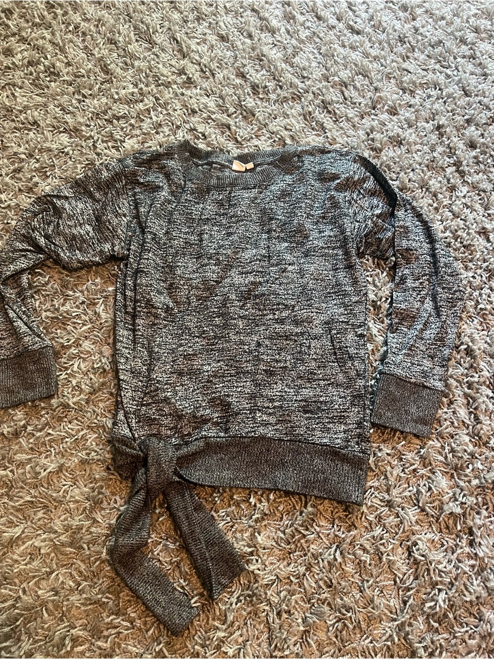 Women’s Heather Black Tie-Hem Sweater - Casual Crewneck Knit
